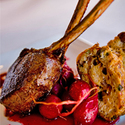 Venison Chop, Candied Radishes, Duck Confit Spoon Bread
